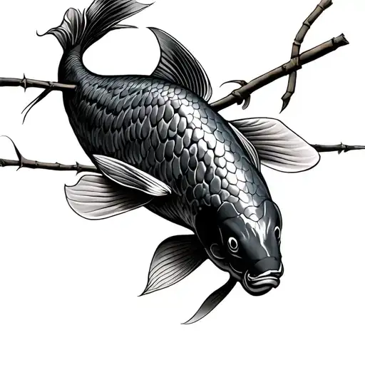 Koi Fish With Bamboo In His Mouth