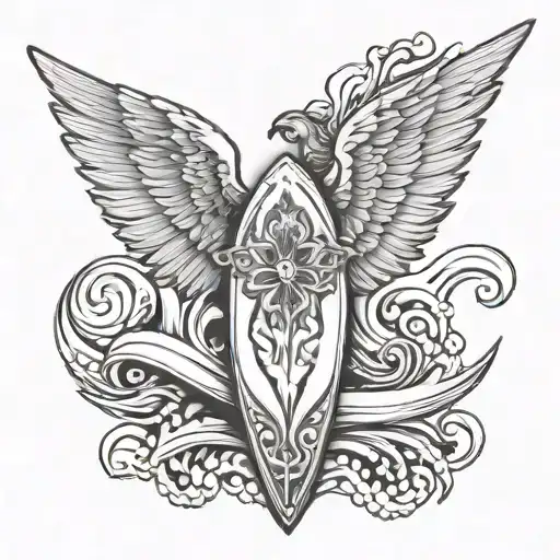 Angel Wings Guarded By Surf Board Design