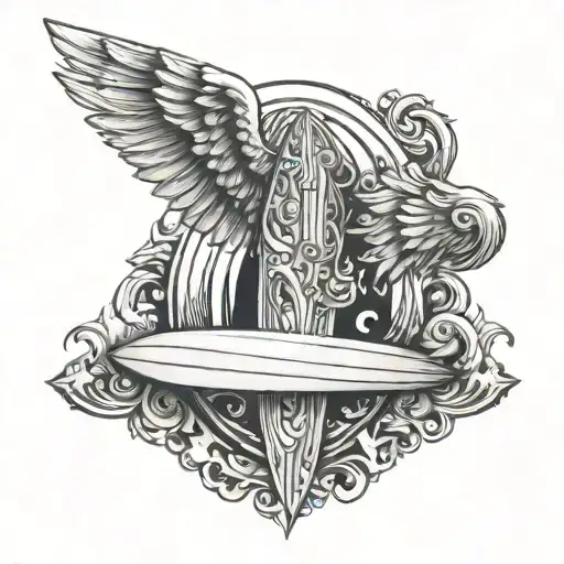 Angel Wings Guarded By Surf Board Design