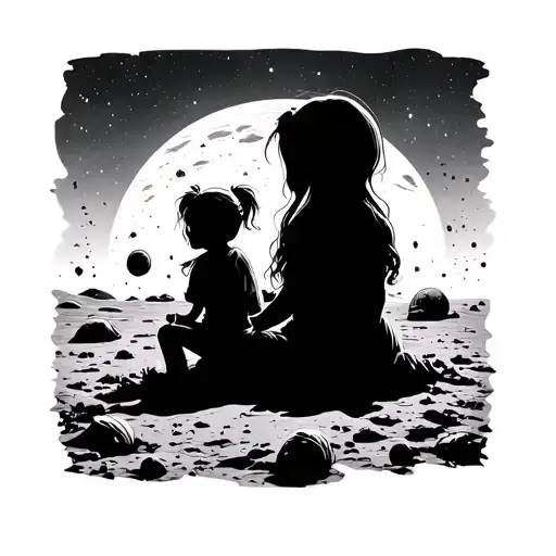 Silhouette Of A Little Girl Sitting Waiting For Someone On A Planet