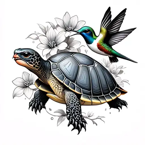 Turtle And Humming Bird With Flowers
