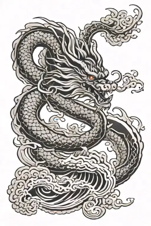 Japanese Dragon With Traditional Japanese Waves And Spiral Clouds