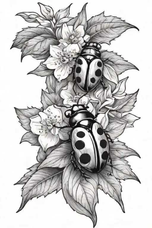 Ladybug Sitting On Holly And Narcissus Flowers