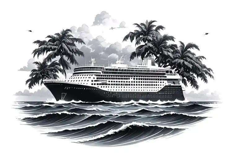 Cruise Ship Ocean Trees Black And Gray