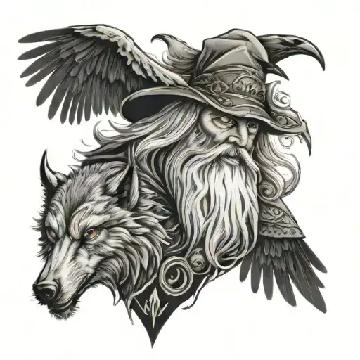 Norse God Odin With Ravens And Wolf