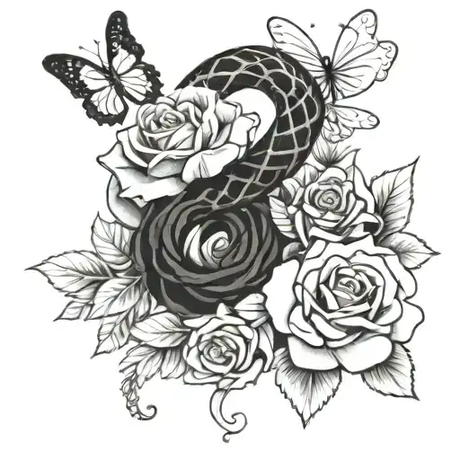 Crawling Snake On Forearm With Roses And Butterflies Around It