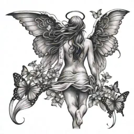 Angel Walking Away With Butterflies Surrounding