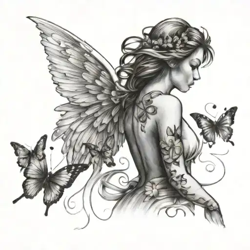 Angel Walking Away With Butterflies Surrounding Them