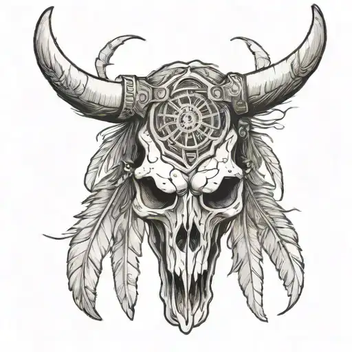 Longhorn Skull With Hawk Feather Feather Feather