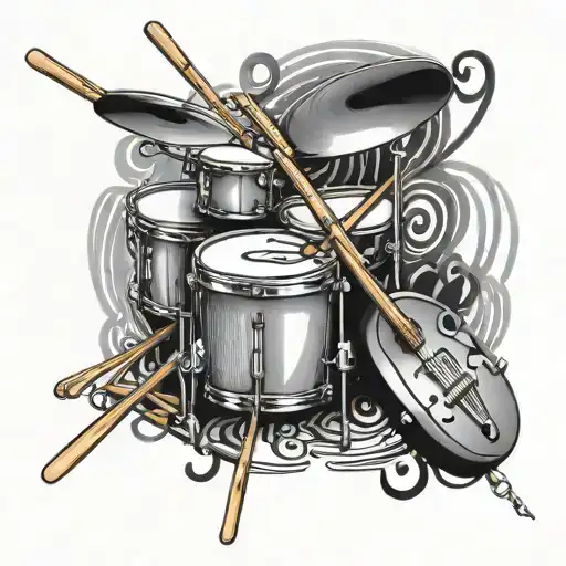 Drum Sticks Crossed & Music Notes Intertwined