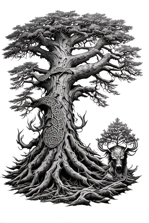 Celtic Wild Hunt Led By Cernunnos Curving Around Giant Sequoia Tree Of Life Sleeve