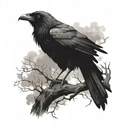 A Hauntingly Beautiful Raven Perched On A Tree Branch Surrounded By Swirling Mist