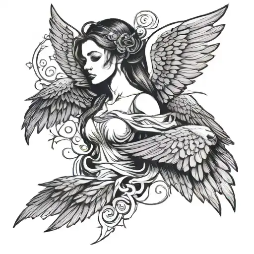 Ag With Angel Wings And Small Black Crows Flying