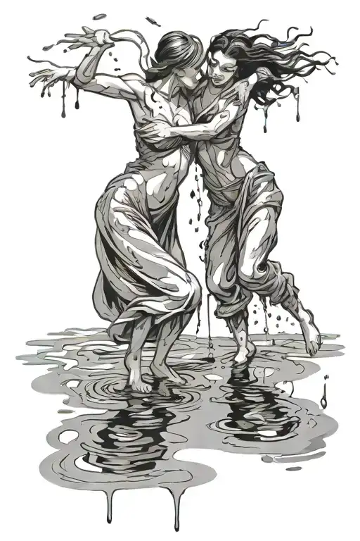 Two Abstrakt Female Figures Dancing In A Puddle Reaching For Help