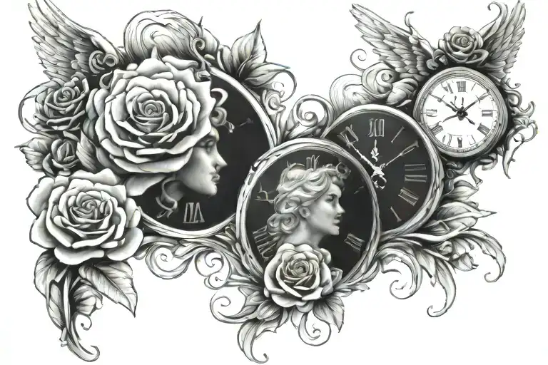 Two Clocks With Roses And An Angel By Its Side Profile