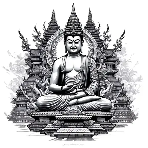 Thai Warrior And Temple With Buddah Statue