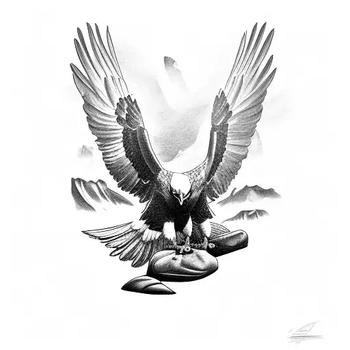 Eagle Seated In A Rock With Its Wings Open