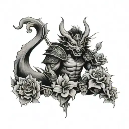 Gargoyle Dragon And Chinese Samurai And Flowers