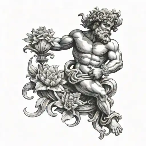 A Roman Statue Of Neptune Holding A Bouquet Of Exotic Ocean Flowers