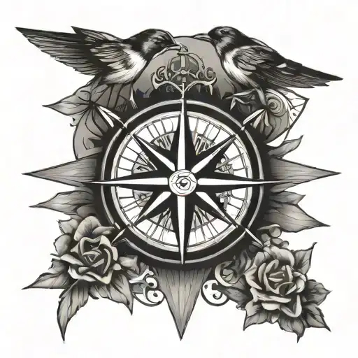 Old School Black And White Compass Rose With 4 Swallows