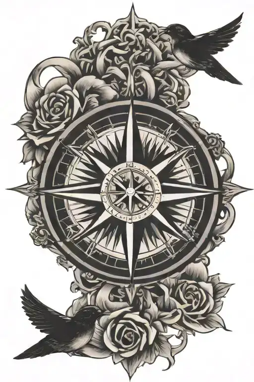 Old School Black And White Compass Rose With Four Swallows For Each Cardinal Point