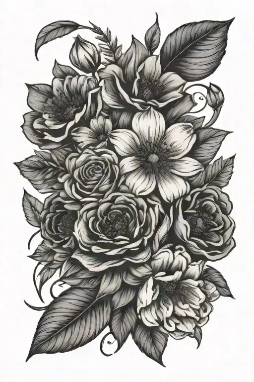 Flower Bouquet Fine Line With Stem