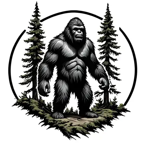Sasquatch Standing By Pine Tree Growing