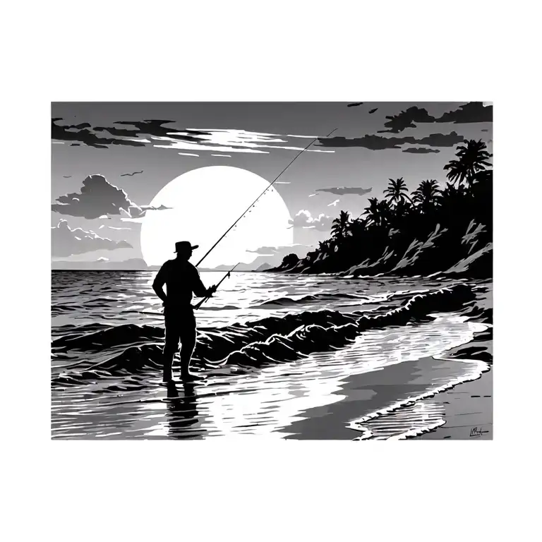 Sunset Beach With A Silhouette Of A Man Fishing In The Distance