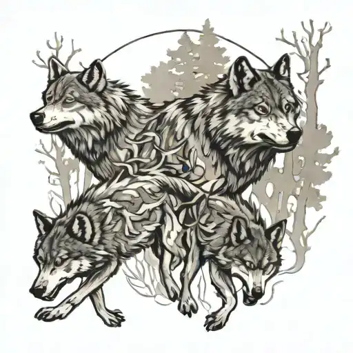A Pack Of Wolves Running Through A Forest Representing Grandkids