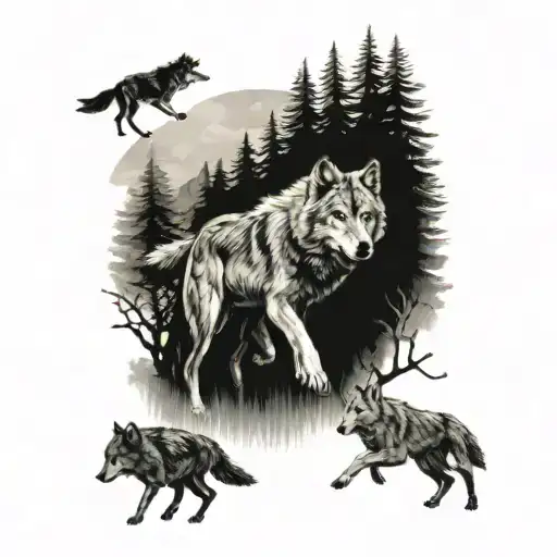 A Lead Wolf Leading Pack Of Wolves Running Through A Forest Representing Grandkids