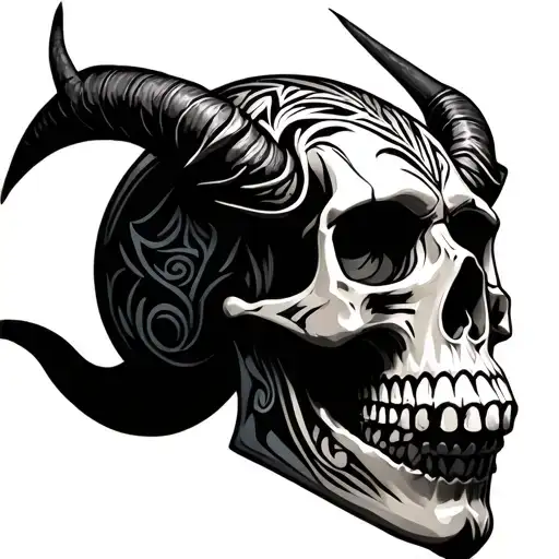 Human Skull With Horns Made Out Of Tribal