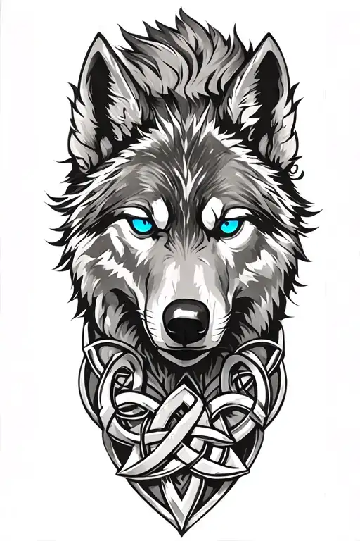 Wolf With Blue Eyes On Armor Tattoo Design Featuring Celtic Trinity Knot