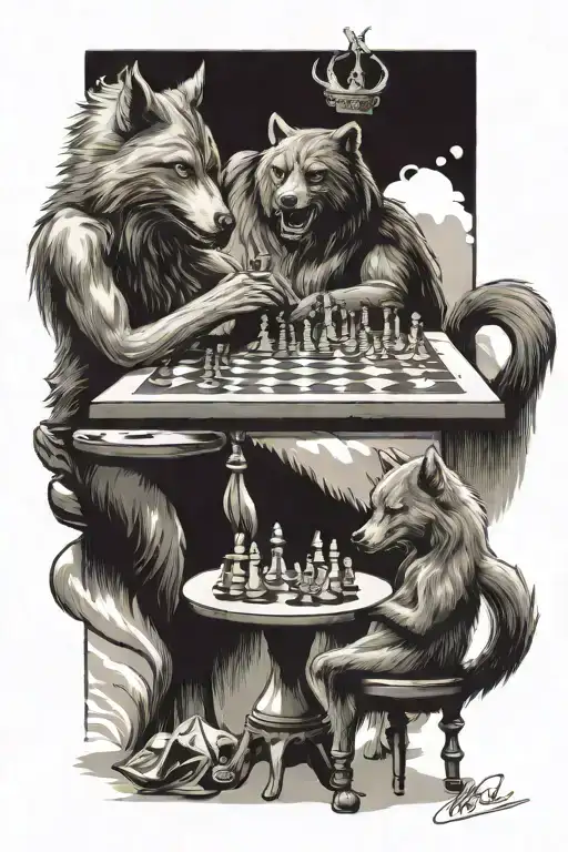 A Wolf And A Grizzly Bear Engaged In A Friendly Game Of Chess With A Video Game Controller Nearby