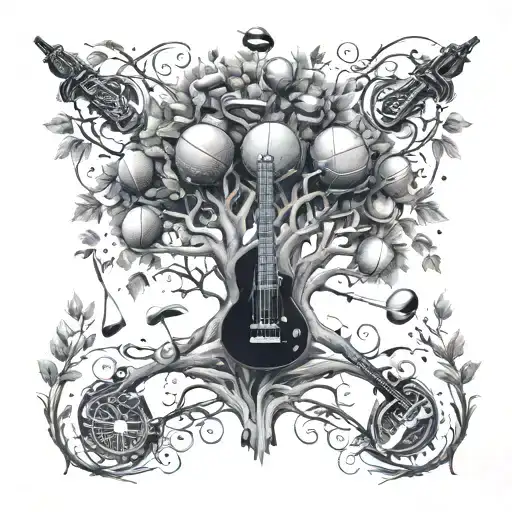 A Family Tree With Sports Equipment As Branches And Musical Instruments As Leaves