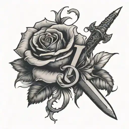 Letter K With A Sword And A Small Rose And Roots