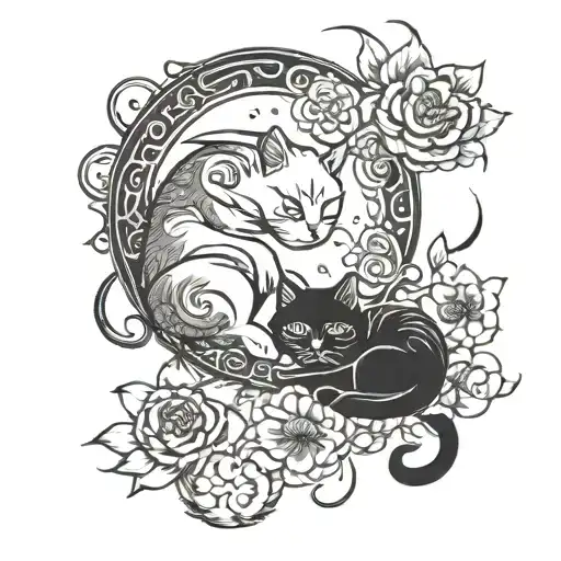 Yin Yang Cats With Moon And Sun Etherial Wispy Flowers