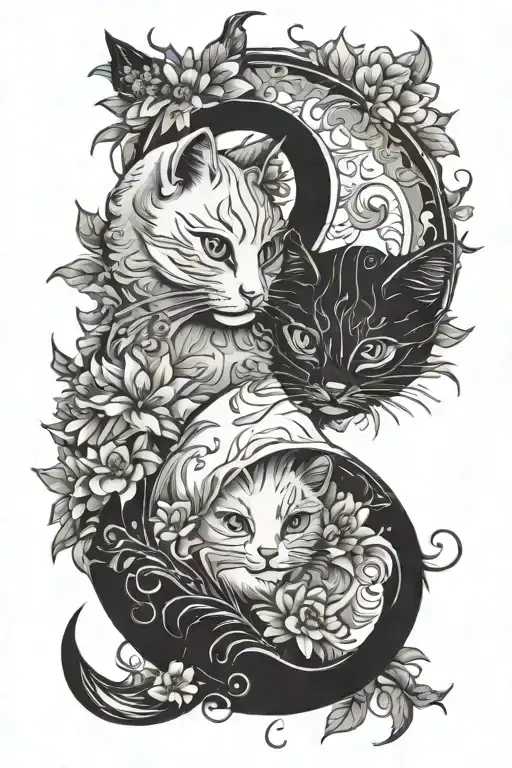 Yin Yang Cats With Moon And Sun Etherial Wispy Flowers
