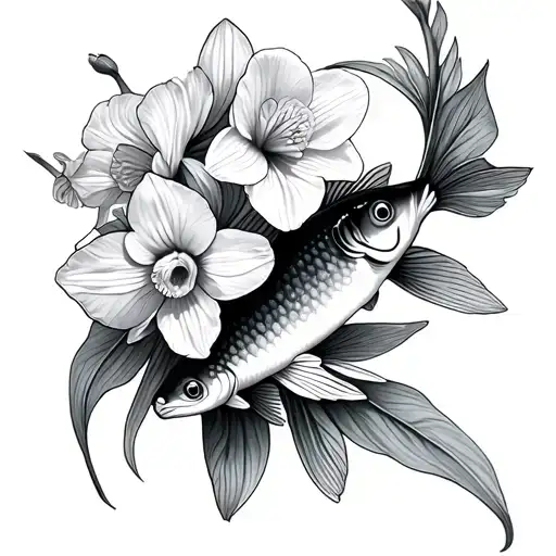 Violets Daffodil Flowers Pisces Fish Swimming Together