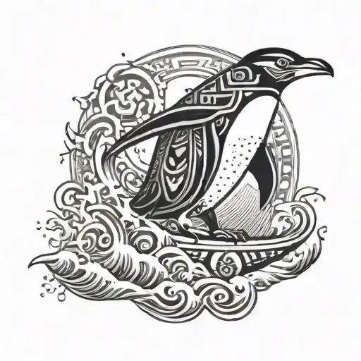 A Surfing Penguin With Aztec Symbols Incorporated Into The Waves