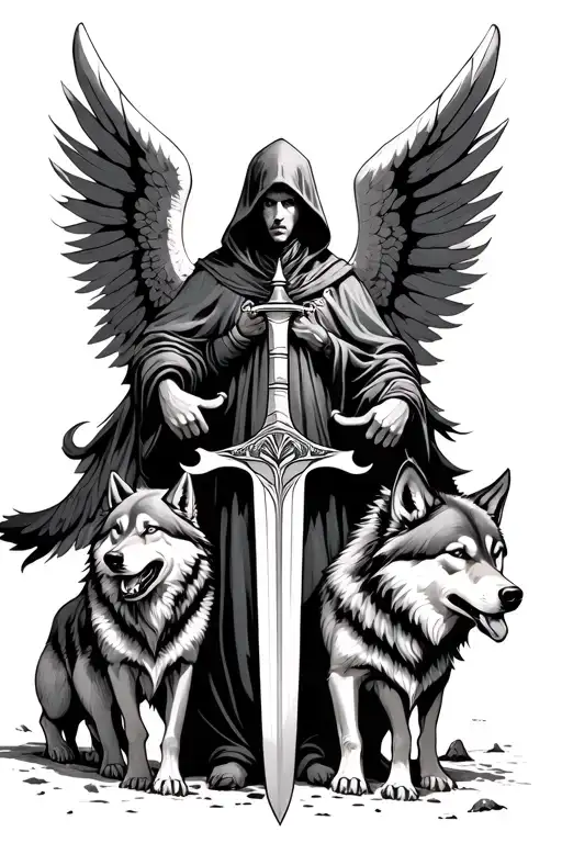 Hooded Guardian Angel Holding A Sword Surrounded By Wolves
