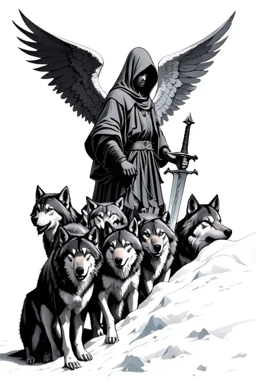 Hooded Guardian Angel Holding A Sword Surrounded By Pack Of Wolves