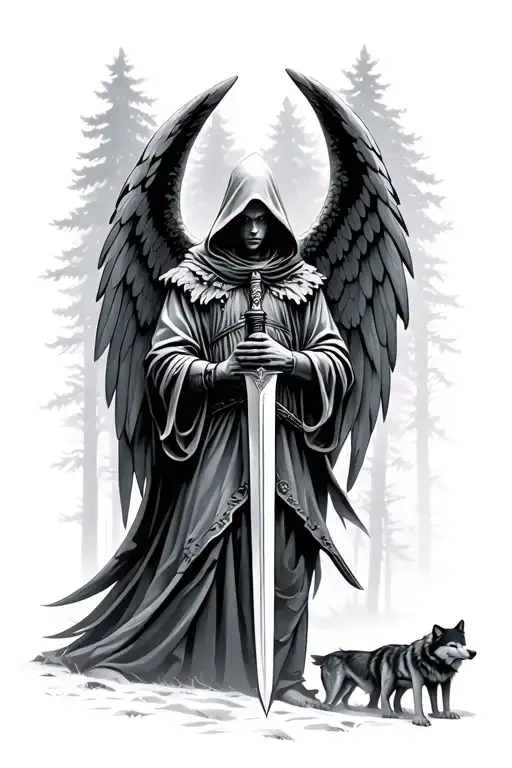 Hooded Guardian Angel Forward Facing Holding A Sword Surrounded By Wolves And Forest