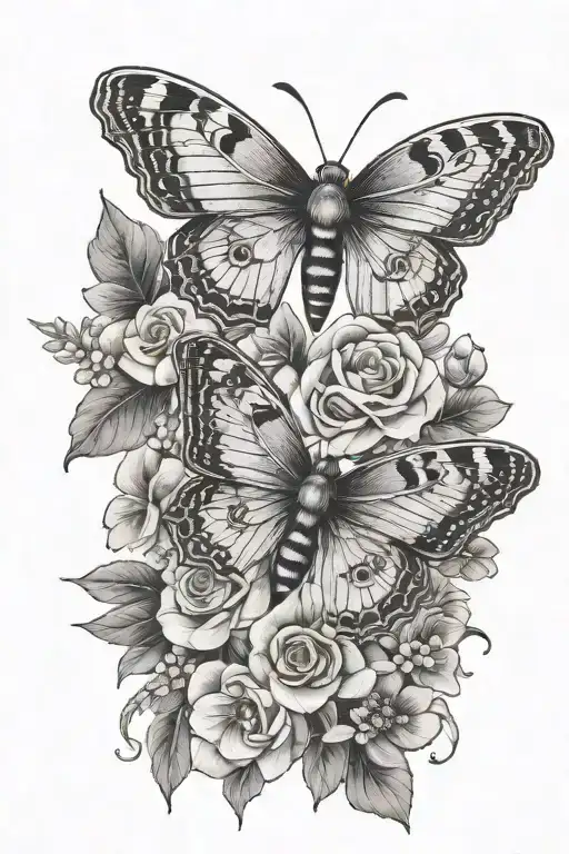 Moth And Butterfly With Flowers