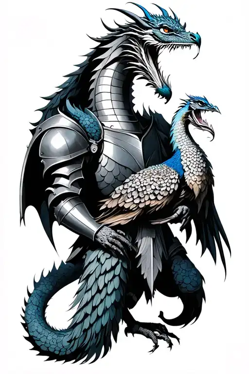 Medieval Dragon In Armor Holding A Dead Peacock