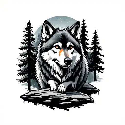 Wolf On A Rock With Trees