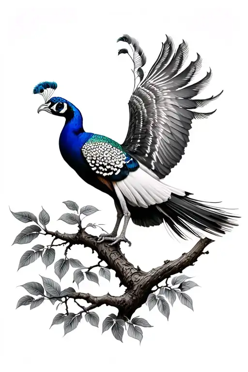 Peacock Mid Flight Landing On Mango Tree Branch