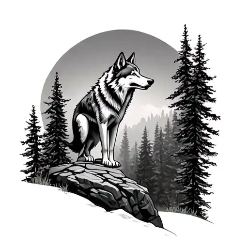 Wolf On A Rock With Trees