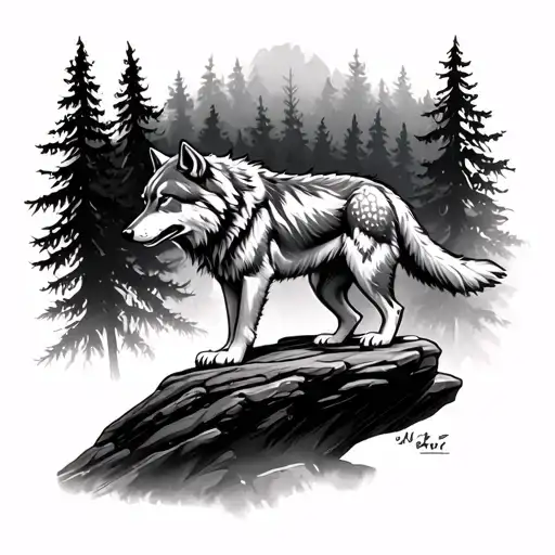 Wolf On A Rock With Trees