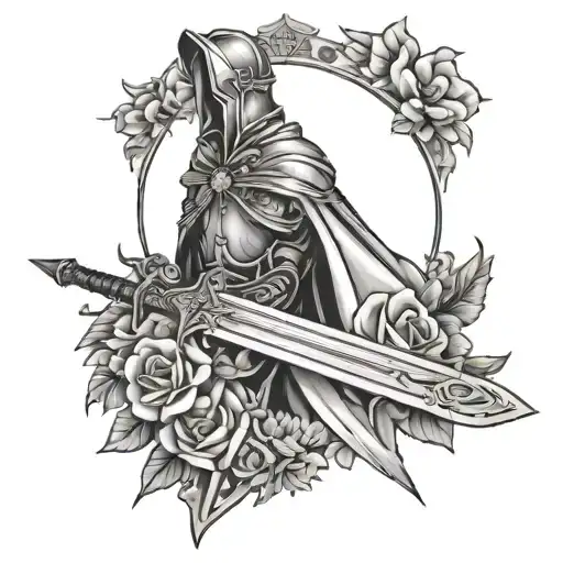 Cape Flowing And Sword And Flowers And Crown