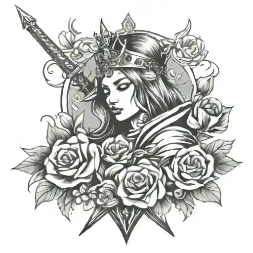 Cape Flowing And Sword And Flowers And Crown And Girl